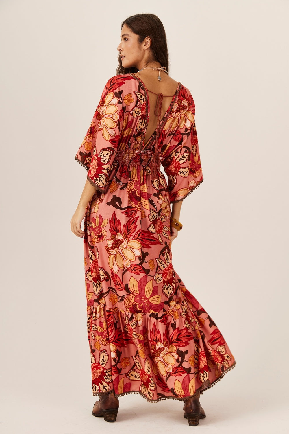 Yacamim D7 Pink Printed Long Dress with Smocked Waist
