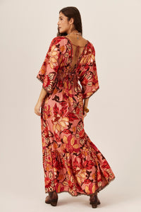 Yacamim D7 Pink Printed Long Dress with Smocked Waist