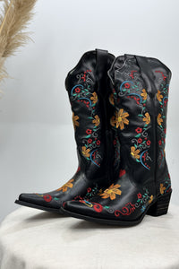Yacamim Black Embroidered Leather Pointed-Toe Tall Boot #128
