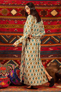 Long Chemise with Long Sleeves and Side Slits Green Yacamim Print