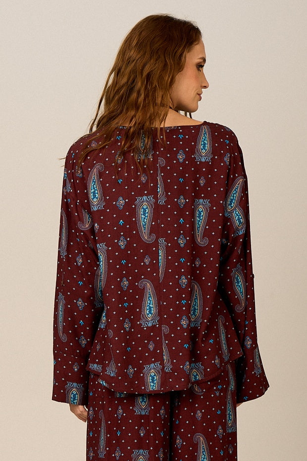 Yacamim Wide Brown Paisley Print Bat Sleeve A20