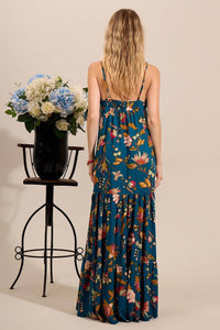 Yacamim Printed Blue Long Dress with Adjustable Straps and Ruffles