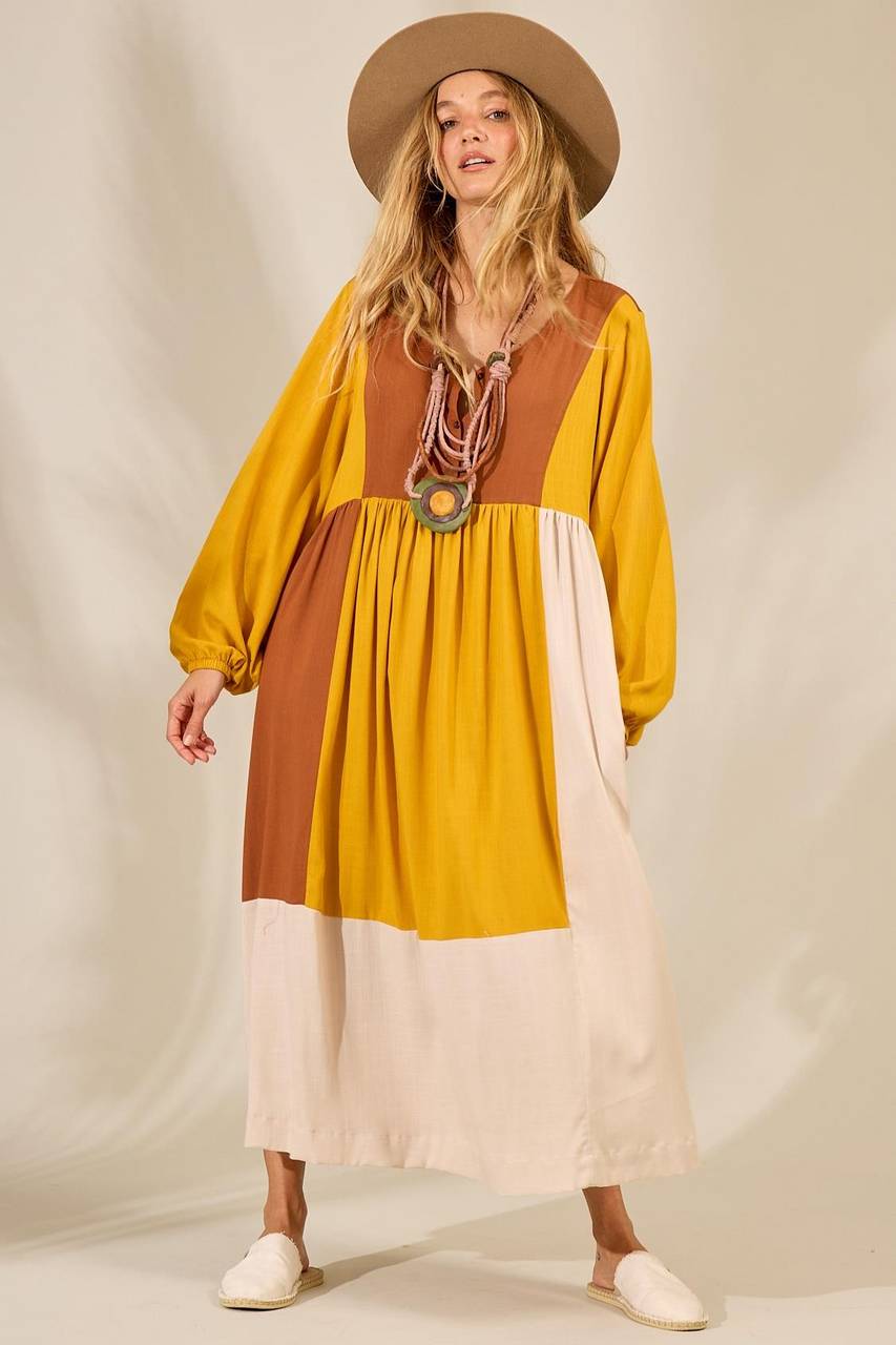 Yacamim Yellow Midi Dress with Puffed Long Sleeves <br />