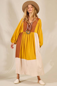 Yacamim Yellow Midi Dress with Puffed Long Sleeves <br />