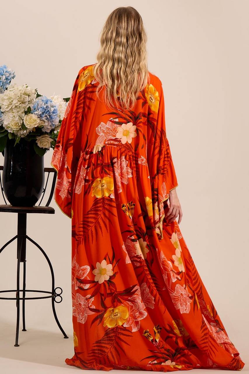Yacamim D12 Orange Printed Long Dress with Flared Long Sleeves