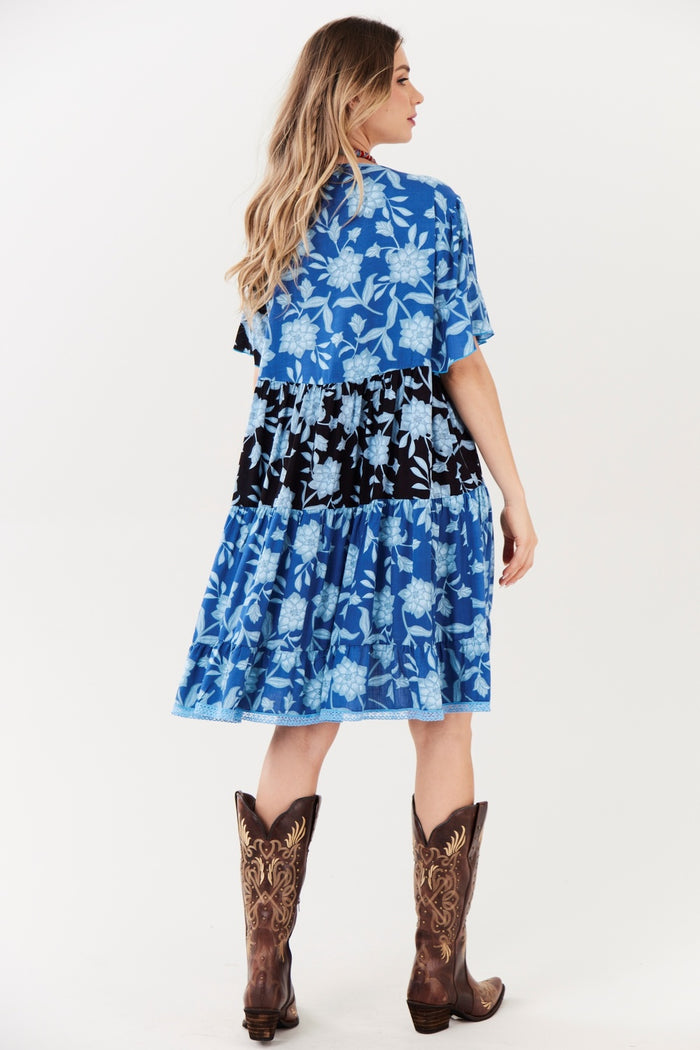 Yacamim C10 Blue Patchwork Print Short Dress