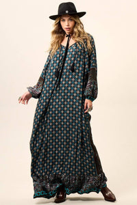 Yacamim D26 Printed Black Long Dress with Puffy Long Sleeves