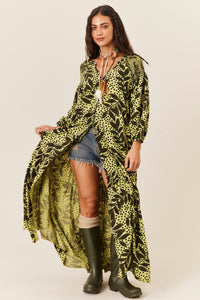 Vestido Longo Com Mangas Bufantes Verde Estampa Folhas Pretas Yacamim C2