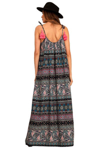 Yacamim C3 Basic Black Cashmere Print Long Dress with Tie Straps