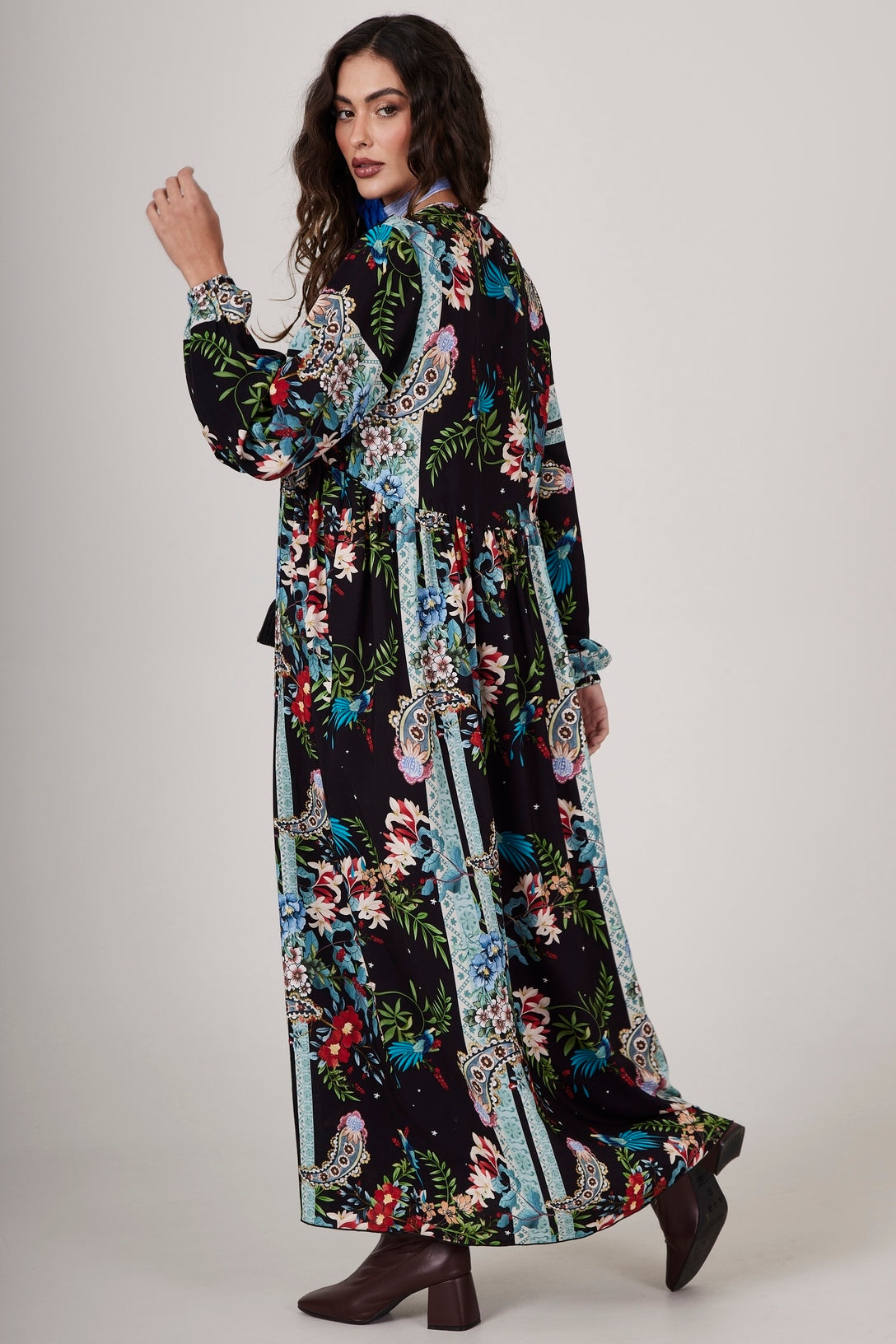 Yacamim D1 Black Paisley Print Long Dress