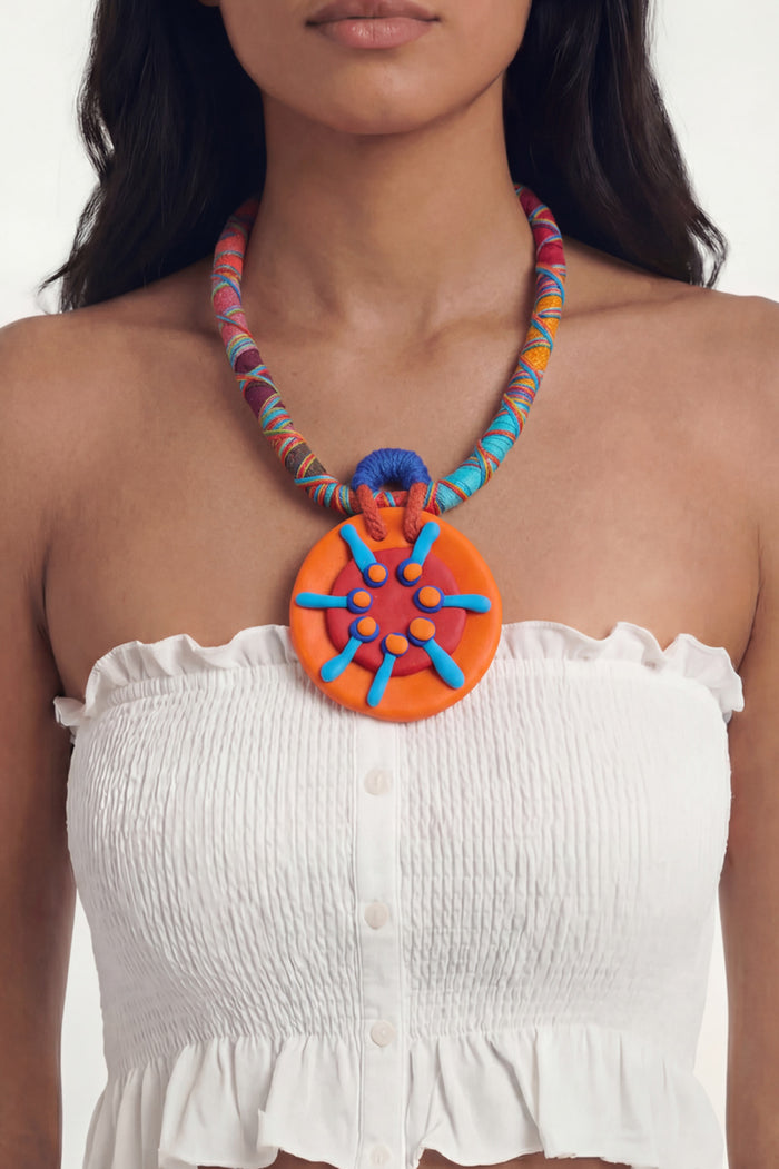 Handmade Colorful Rope Necklace with Round Yacamim Clay Bead #1073
