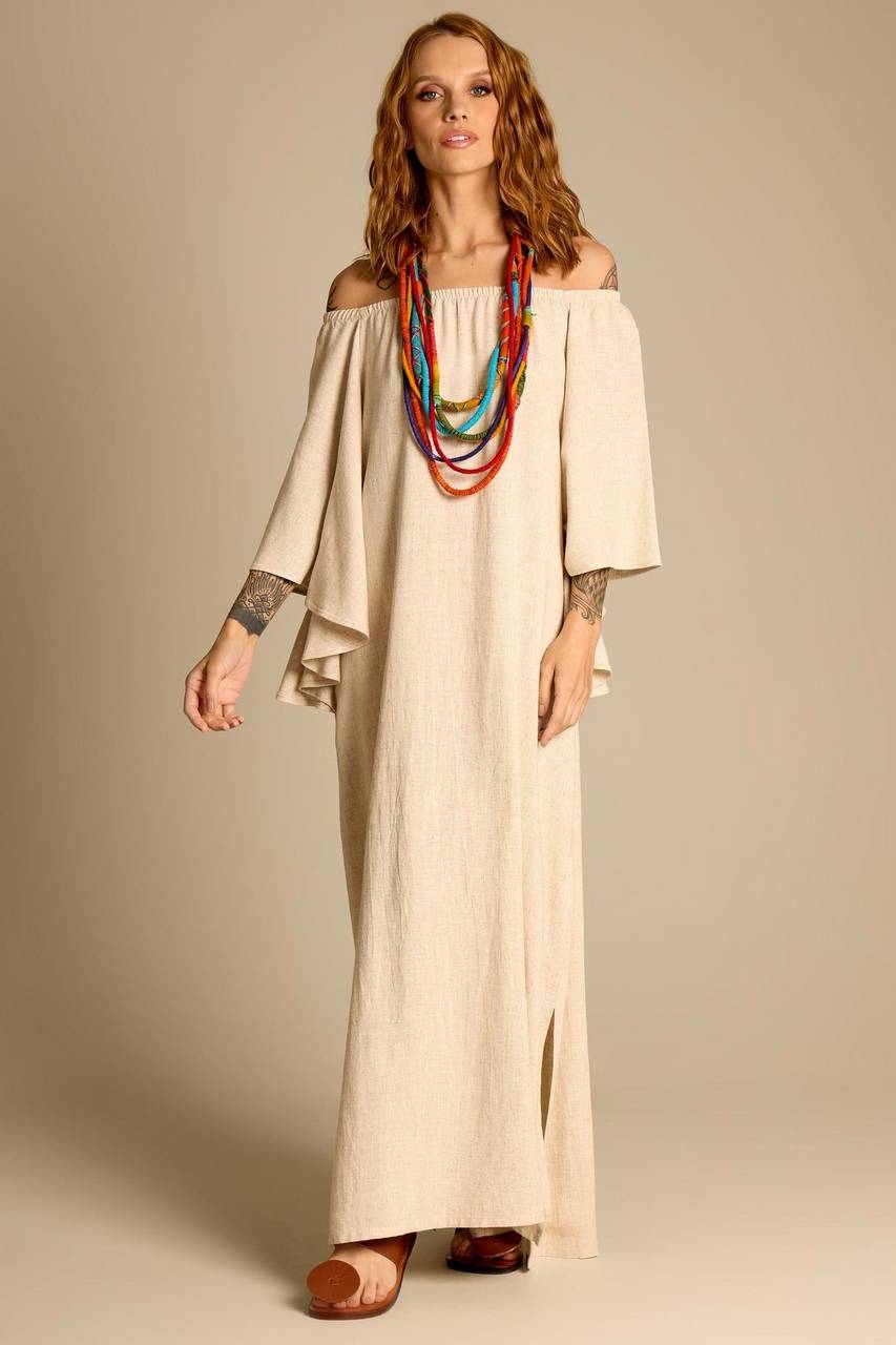 Yacamim E21 Beige Long Gypsy Dress with Batwing Sleeves