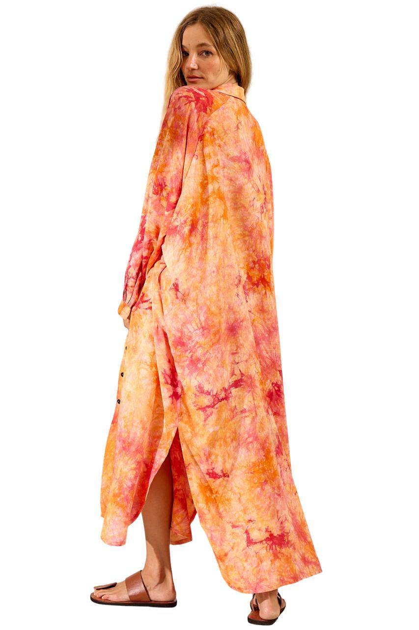 Yacamim Orange Tie-Dye Digital Print Long Loose Shirt