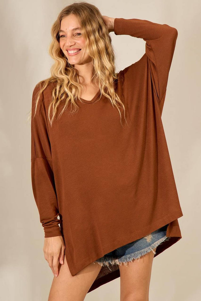 Yacamim Brown V-Neck Relaxed Blouse B6