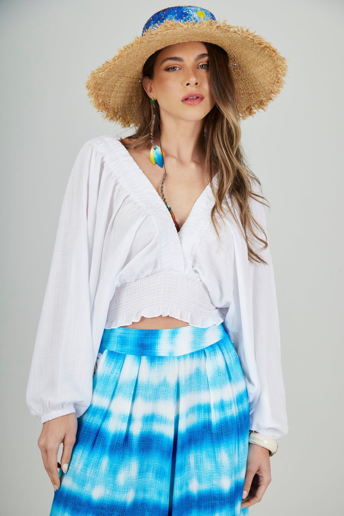 Yacamim Q2 Bahêa Collection White Off-The-Shoulder Cropped Tunic