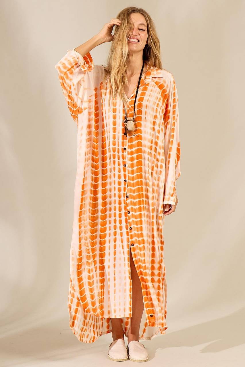Yacamim Digital Tie Dye Print Long Orange Shirt
