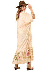 Long Printed Beige Dress with Lace Detail at the Neckline Yacamim