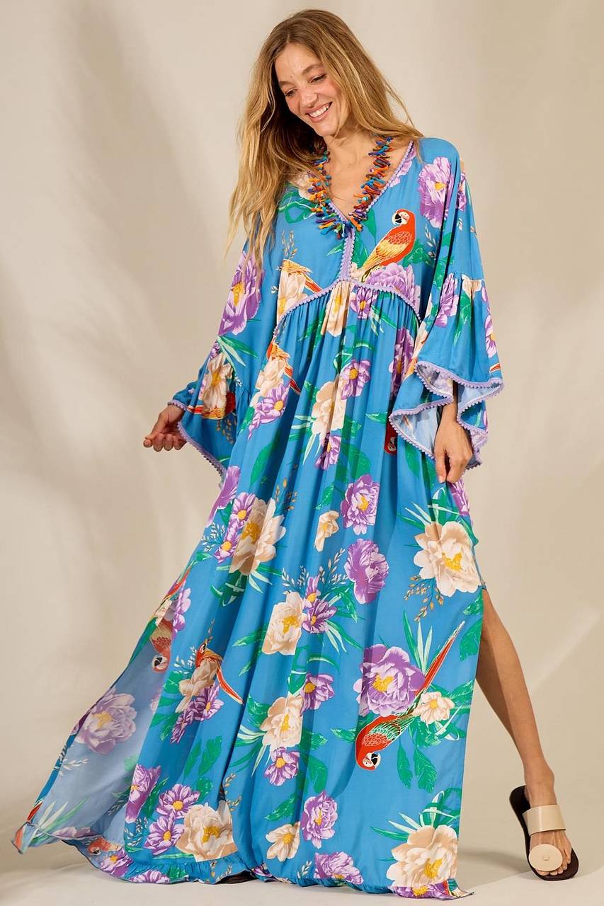 Yacamim Light Blue Printed Flare Long Sleeve Long Dress