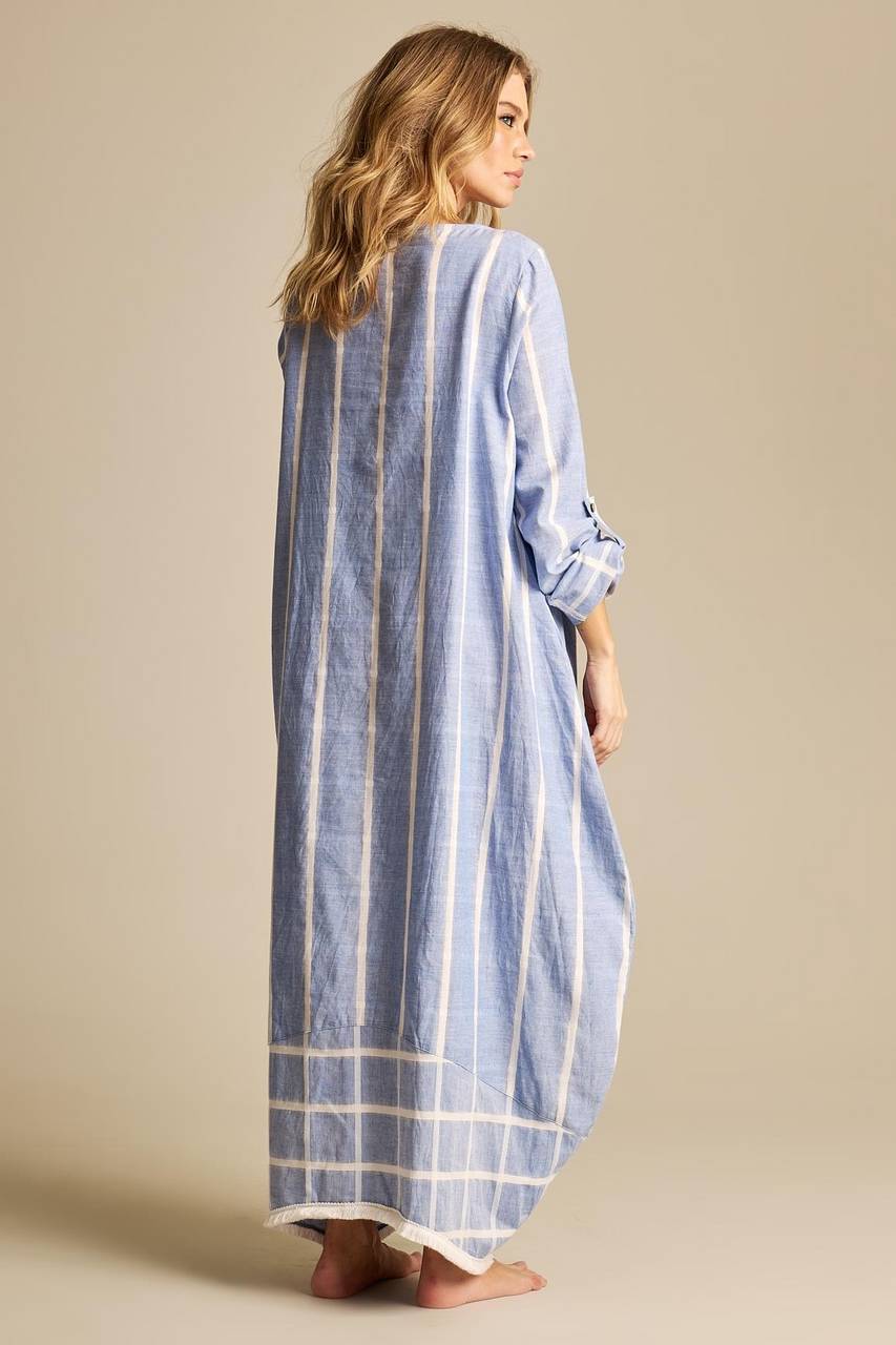 Yacamim Light Blue Plaid Linen Long Dress