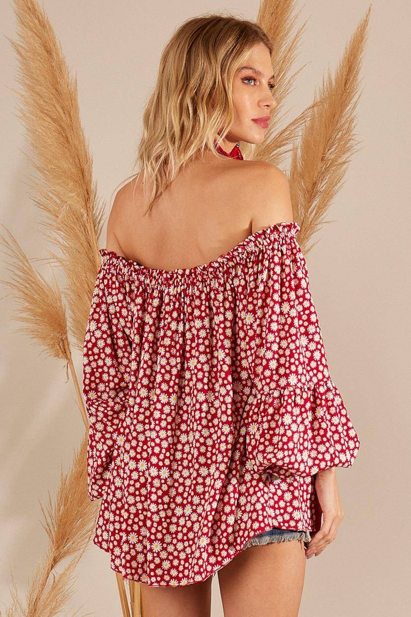 Yacamim Red Printed Gypsy Blouse with Long Puff Sleeves