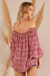 Yacamim Red Printed Gypsy Blouse with Long Puff Sleeves