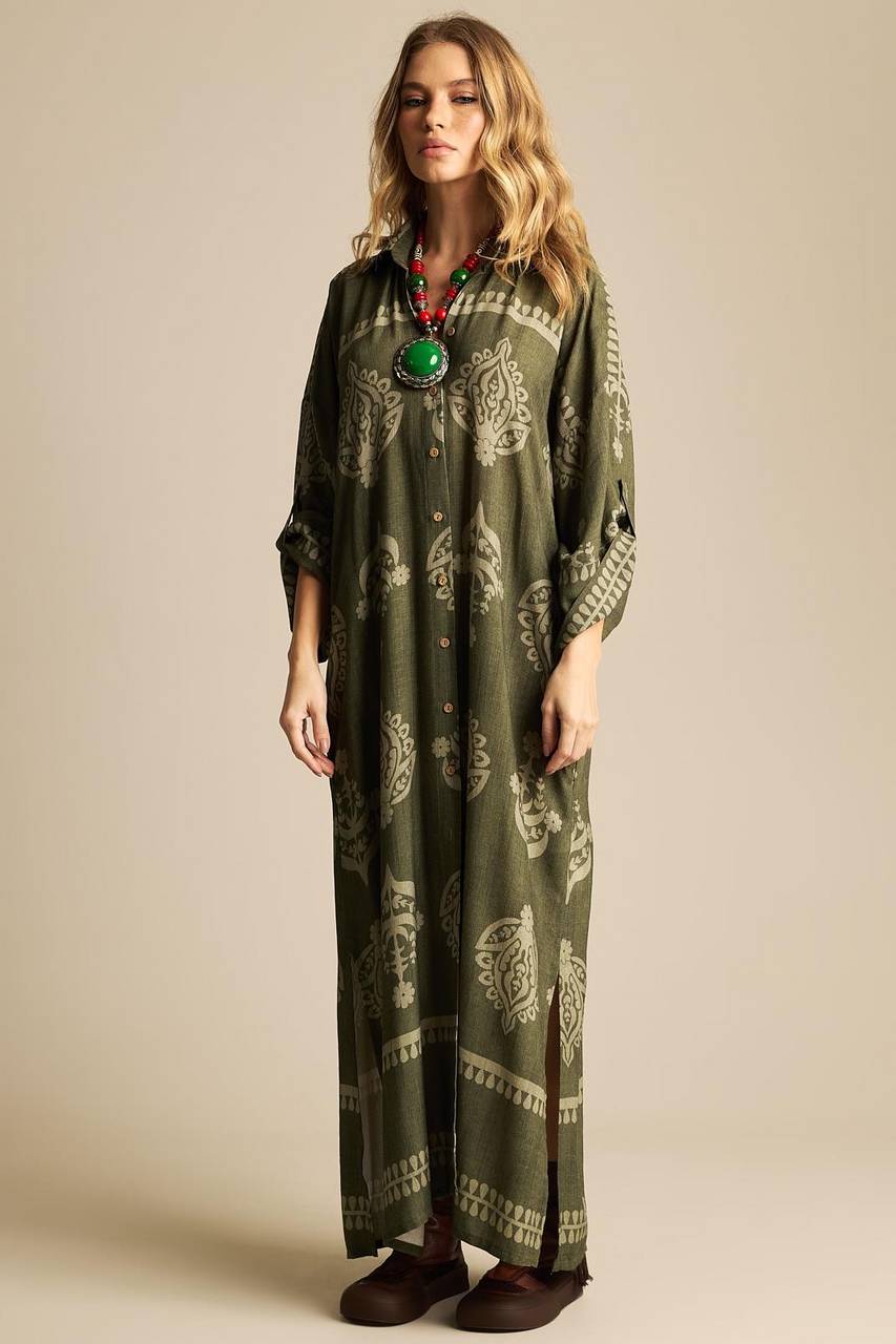 Yacamim N8 Dark Green Printed Long Sleeve Long Shirt