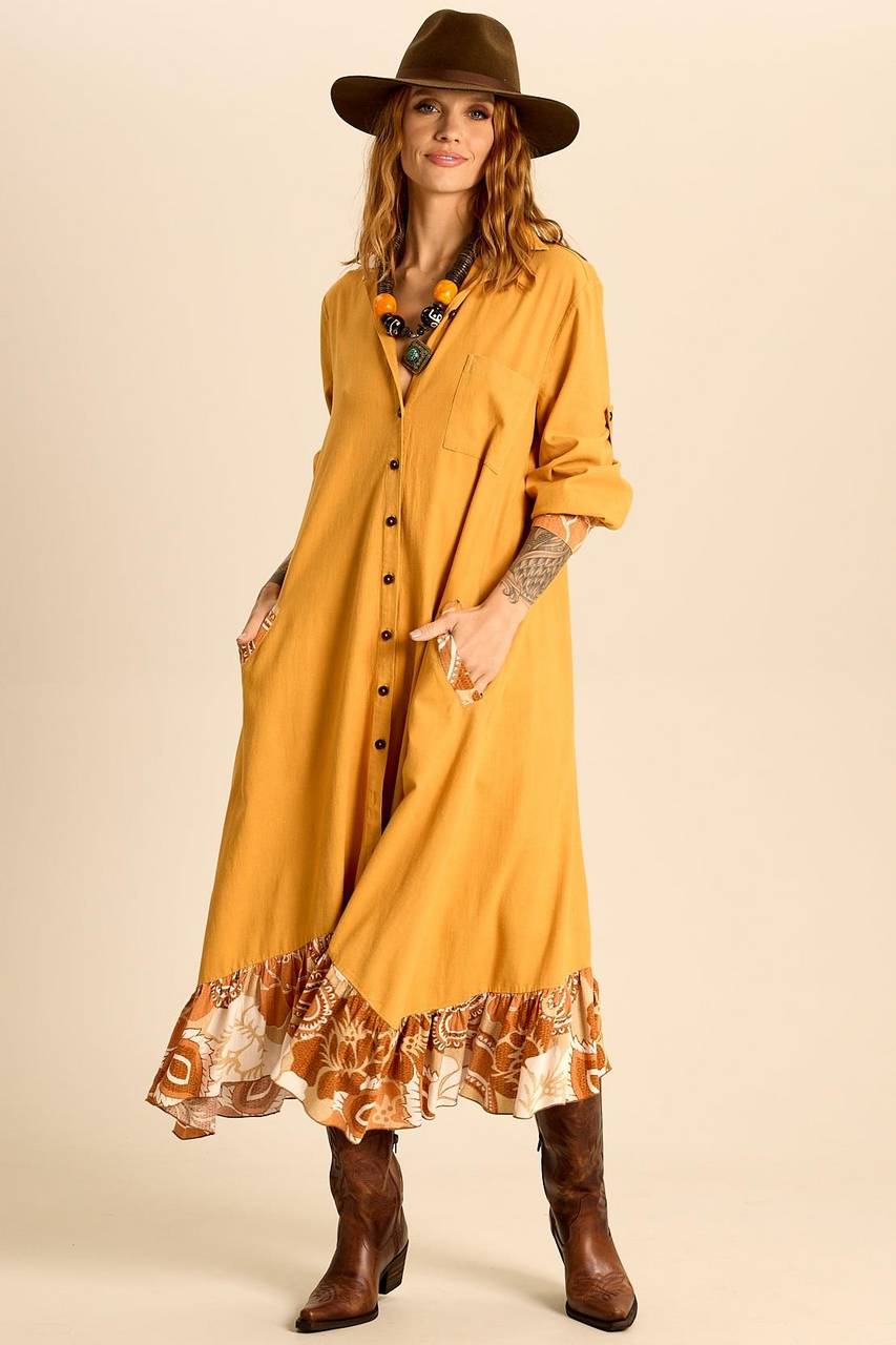 Chemise Midi Com Babados Patchwork Mostarda Yacamim P3