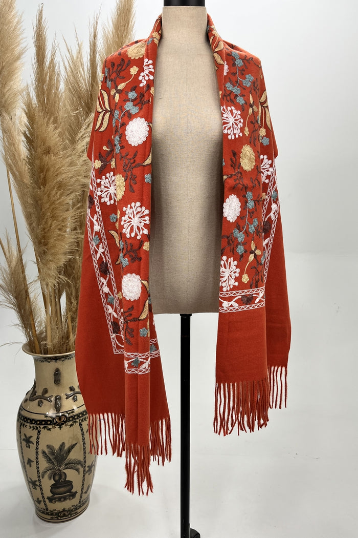 Yacamim Embroidered Orange Cashmere Scarf #235
