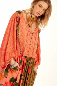 Yacamim Pink Patchwork Loose Long Dress with Puffed Sleeves