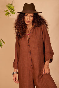 Yacamim Brown Long Pantaloon Jumpsuit with Folded Sleeves