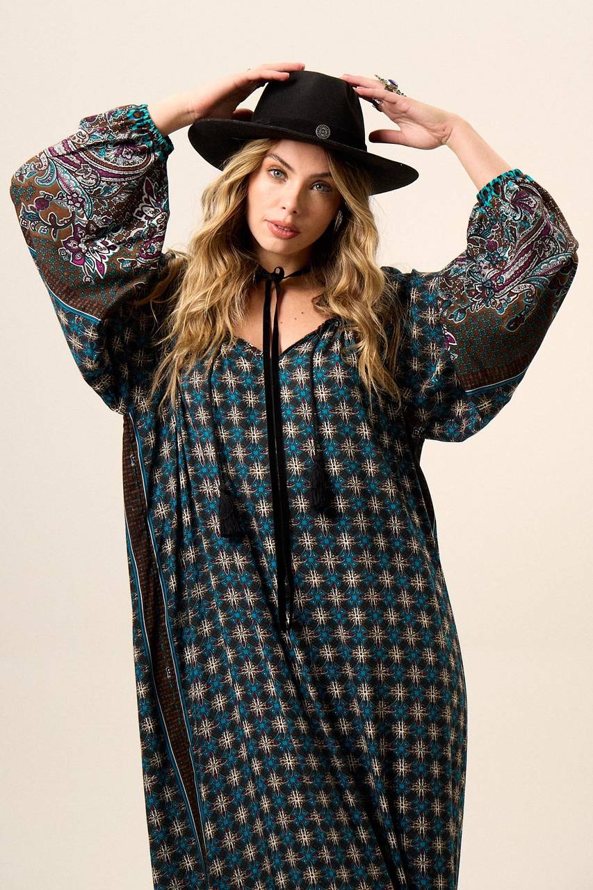 Yacamim D26 Printed Black Long Dress with Puffy Long Sleeves