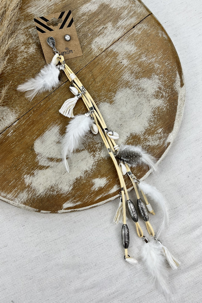 Handmade Earring With Suede Strips and Yacamim Feathers #174