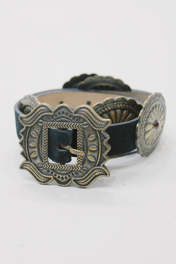 Yacamim Black Leather Belt with Antique Gold Buckle #662