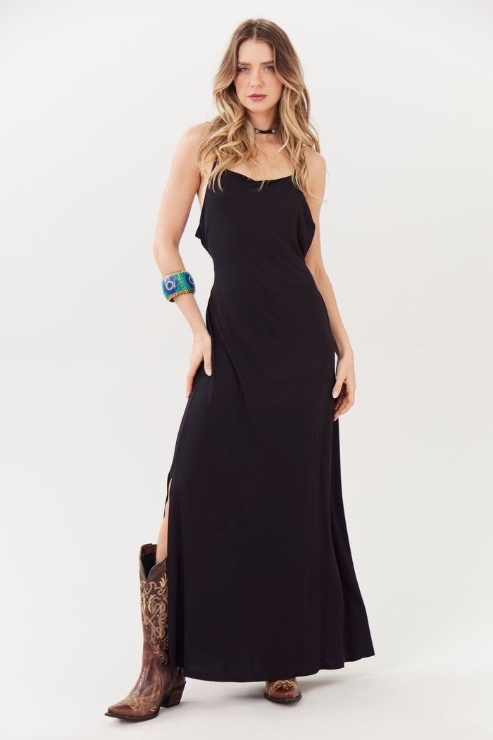 Vestido Longo Com Fendas Laterais Preto Yacamim C26