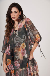 Dark Green Tulle Long Dress Cashmere Print Yacamim E14