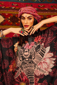 Loose Wide Tunic With 3/8 Sleeves Black Elephant Print Yacamim