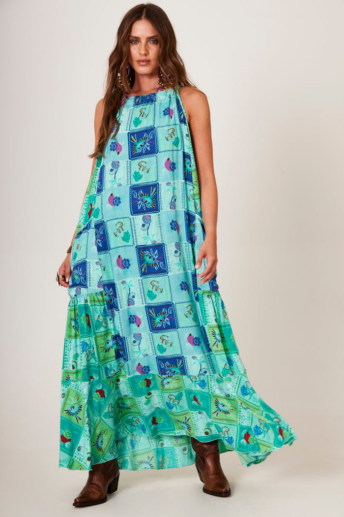 Yacamim D13 Green Patchwork Geometric Print Flowy Long Dress