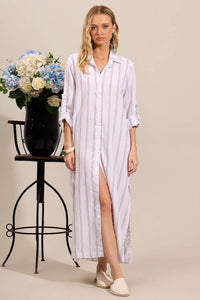 Yacamim N3 Striped White Long Sleeve Linen Shirt Dress