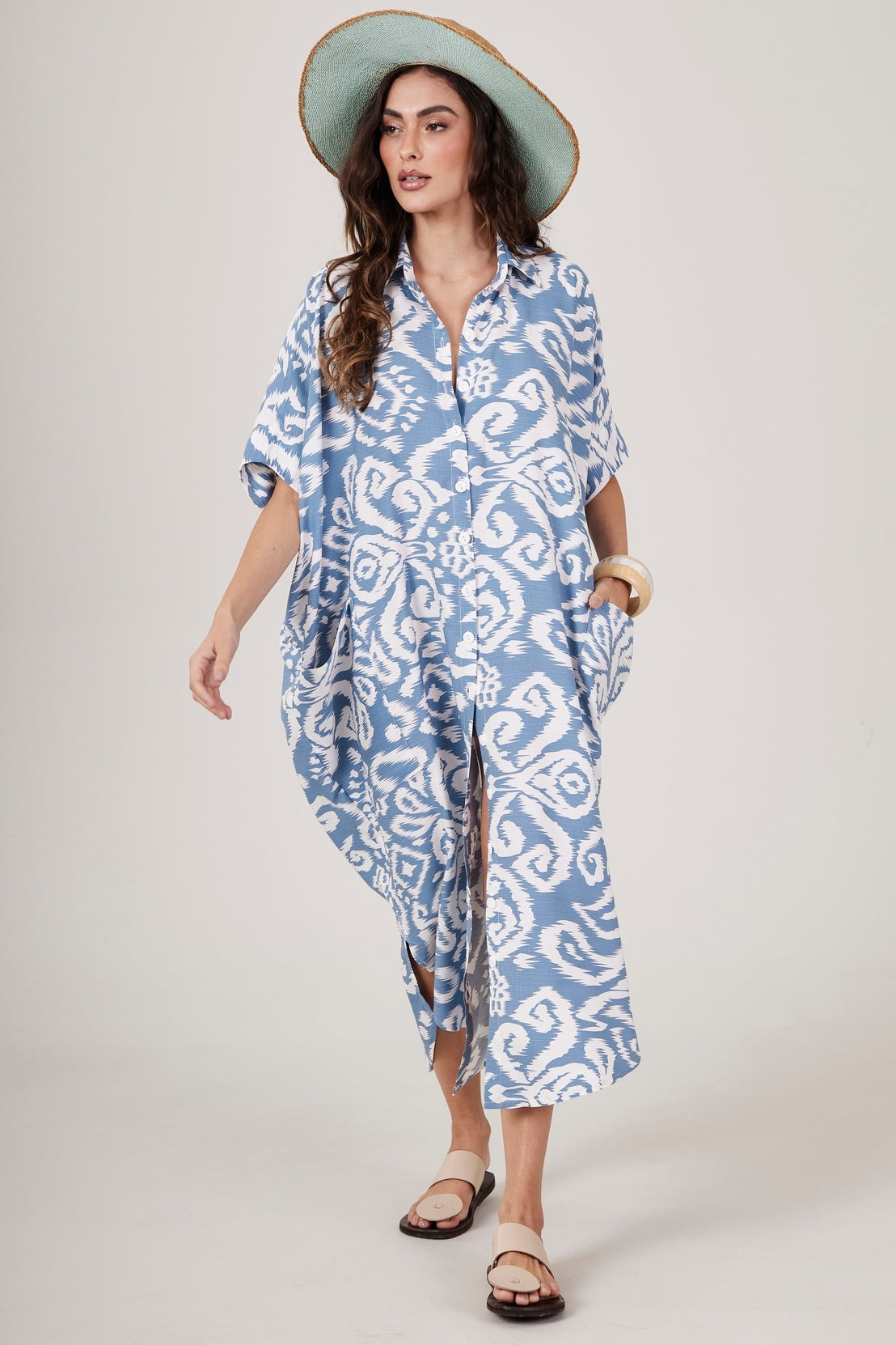 Yacamim N4 Petroleum Blue Printed Midi Shirtdress with Pockets
