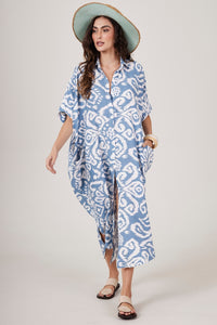 Yacamim N4 Petroleum Blue Printed Midi Shirtdress with Pockets