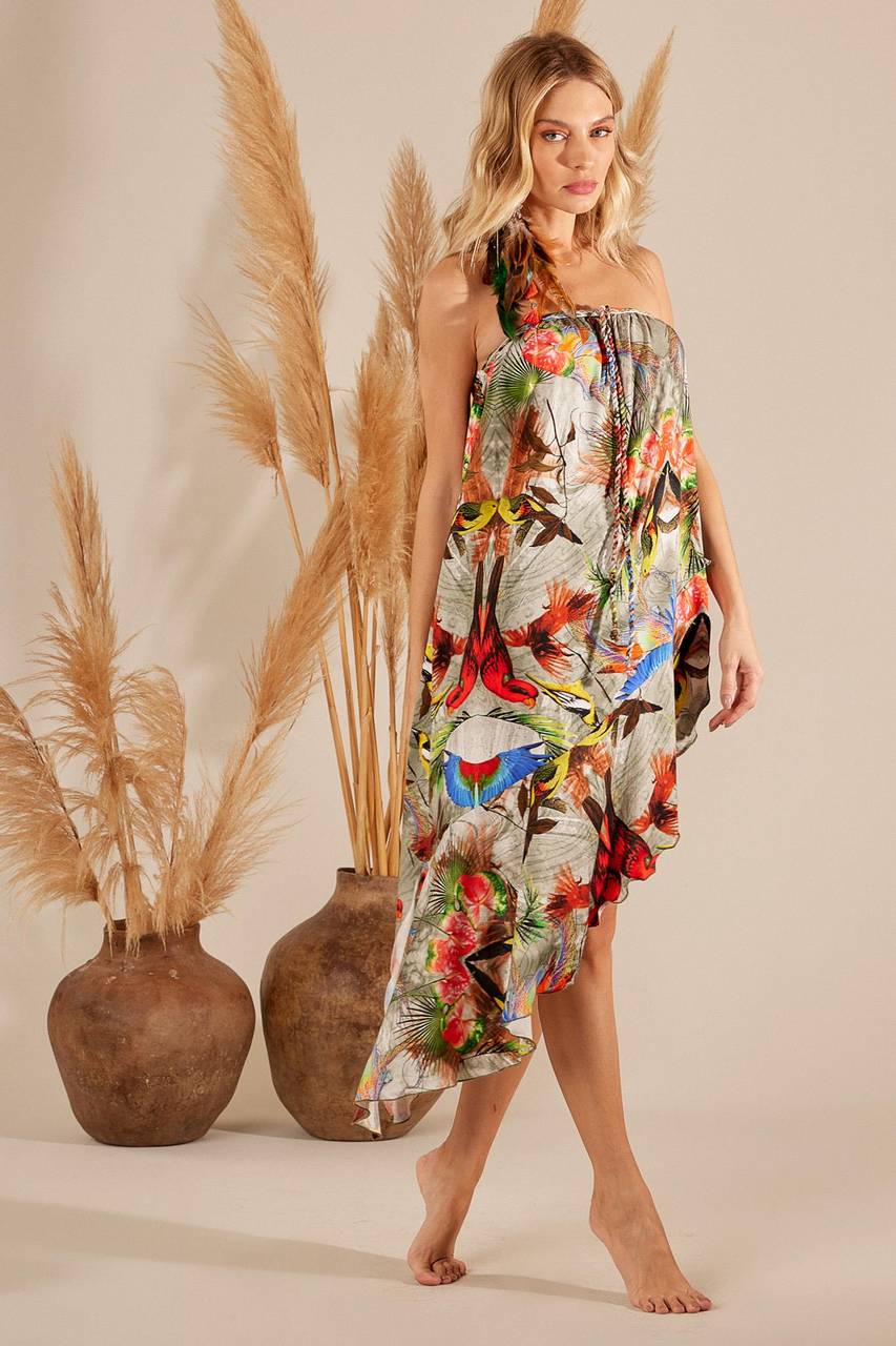 Yacamim Strapless Blouse and Shorts Set with Bird Print