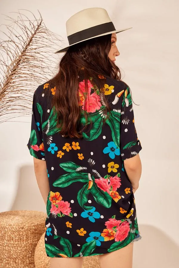 Yacamim Black Floral Loose Shirt with 3/4 Sleeves A3