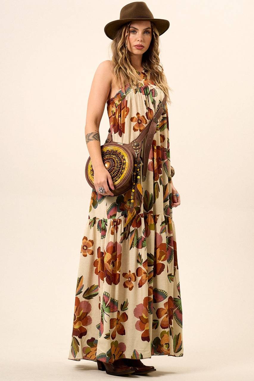 Yacamim Printed Beige V-Neck Wide-Strap Long Dress