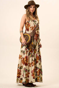 Yacamim Printed Beige V-Neck Wide-Strap Long Dress