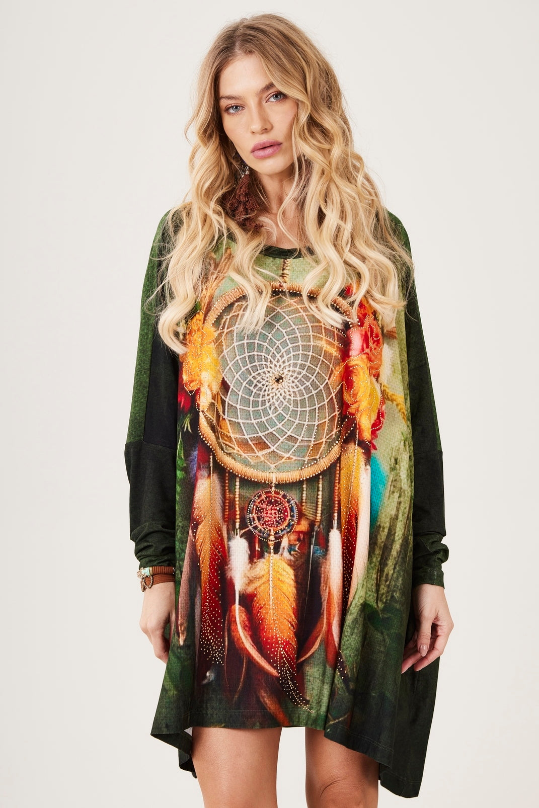 Green Yacamim S4 Dreamcatcher Exclusive Print Flowy Tunic with Stones