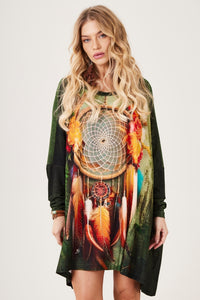 Green Yacamim S4 Dreamcatcher Exclusive Print Flowy Tunic with Stones