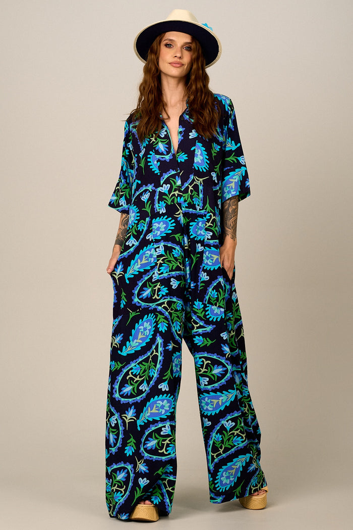 Yacamim Women's Black Paisley Print Long Wide-Leg Jumpsuit O5