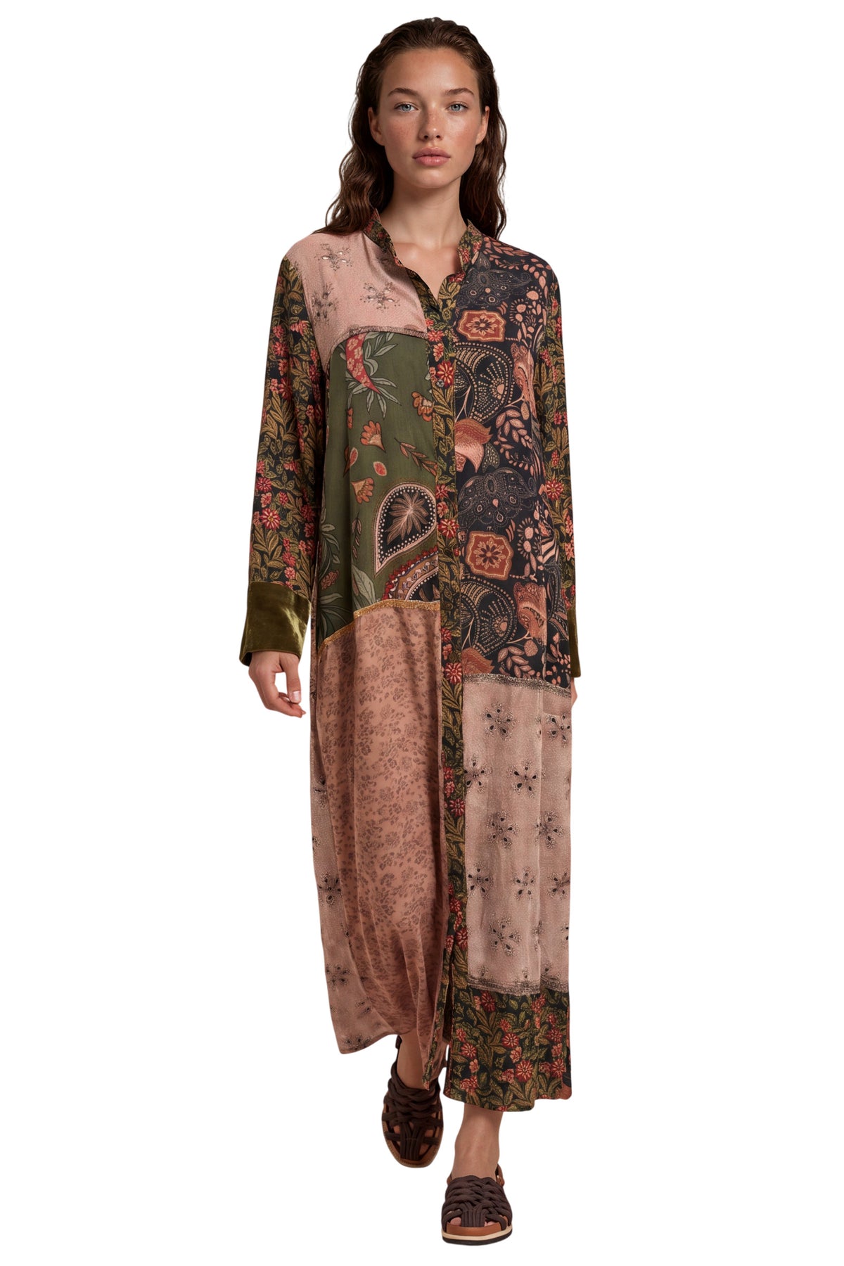Chemise Longo Com Veludo E Viscolinho Marrom Patchwork Yacamim P9