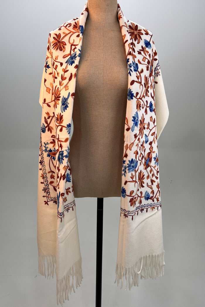 Embroidered White Cashmere Scarf Yacamim #324