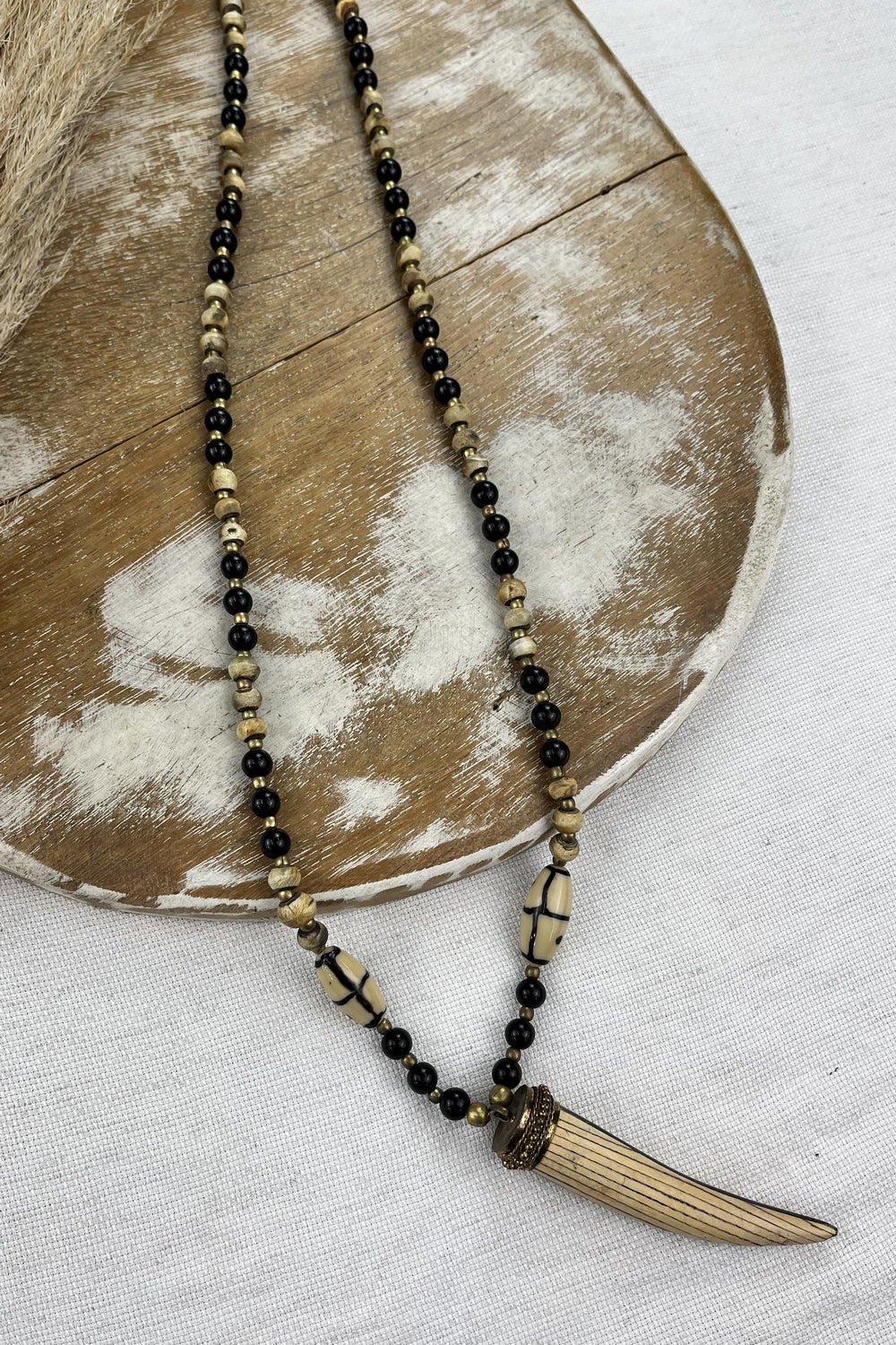 Handmade Beige Wooden Tooth Pendant Necklace Yacamim #193